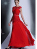 Beaded Red Lace Chiffon Flowy Evening Dress